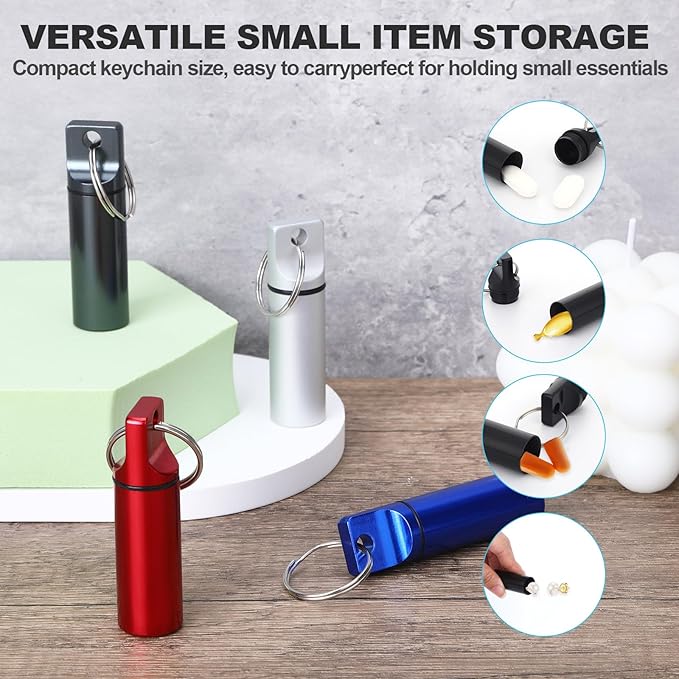 6 PCS Pill Container Keychain, Waterproof Metal Pill Container Portable Keychain Pill Holder, Pocket Mini Keychains Pills Case for Men, Medicine Storage Small Medicine Case for Women Outdoor Travel