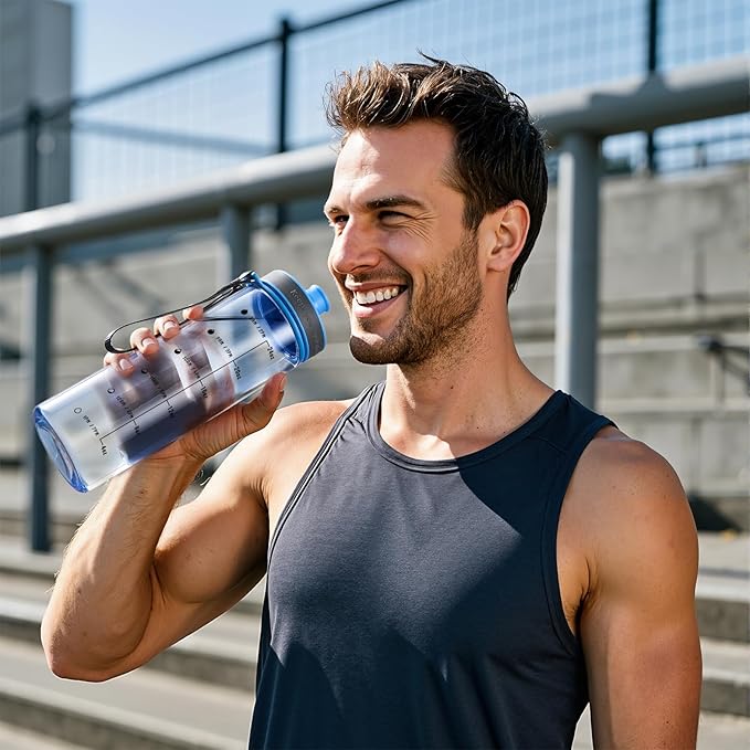 Plastic Water Bottles, 28oz Clear Water Bottle with Measurements, Wide Mouth Water Bottle with Strap, Gym Water Bottles for Men (Blue)