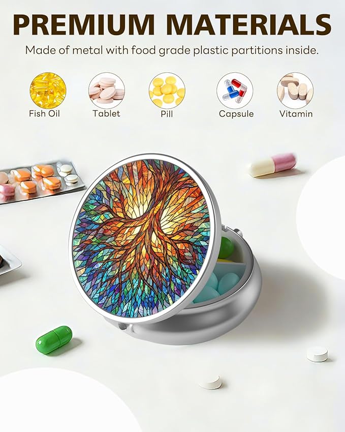 LRITER Pill Case, Portable Travel Pill Box, Pillbox Organizer, Cute Small Medicine Storage Container, Purse Accessories for Women, Men (Glass Tree)