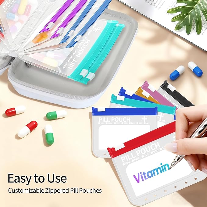 Extra Large Weekly Waterproof Pill Organizer Set, Reusable Pill Bags with 14 Coded AM PM Pouches for Home and Travel, 7 Day Portable Medicine Pill Case for Fish Oils, Vitamins and Daily Meds (White)