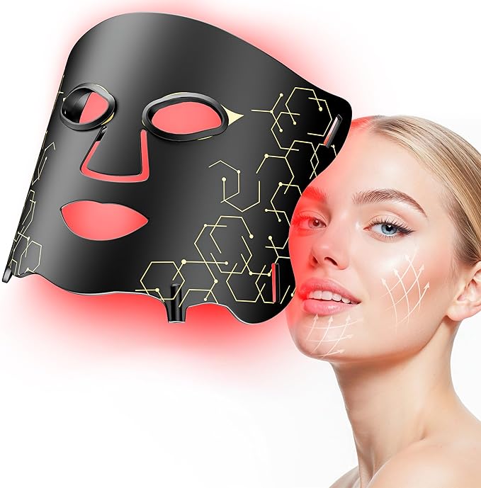 LED Light Therapy mask (E106A) for Face, LED Light Therapy Mask with Adjustable Brightness and Timer, Soft Silicone Red Light Therapy Mask for Home & Travel, Black
