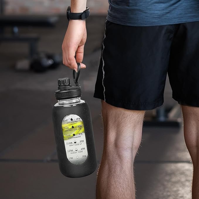 40oz Glass Water Bottle with Handle Lid Time Marker Motivational Sport Water Jug with Silicone Sleeve Water Flask Canteen Wide Mouth Water Bottle for Gym Workout Travel Office Home Everyday Hydration