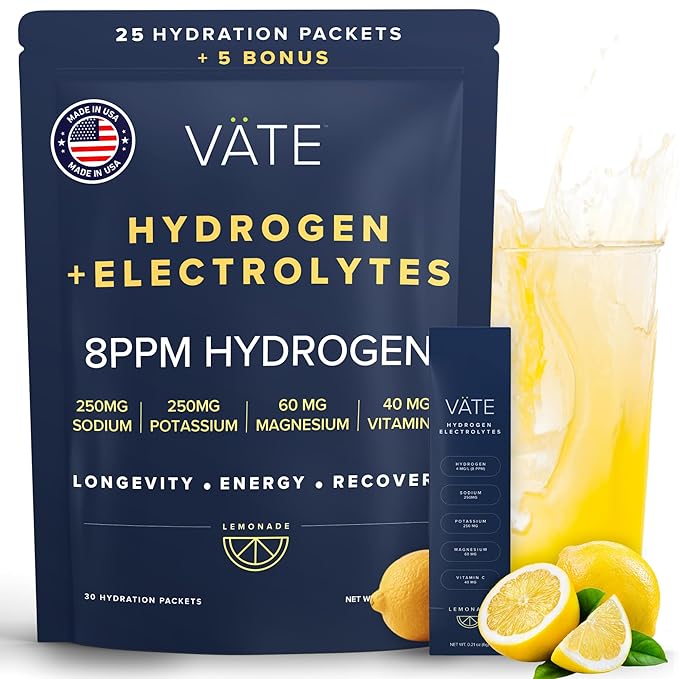VATE Hydrogen Water + Electrolytes Powder Packets, 8 PPM Molecular Hydrogen + Electrolytes for Hydration, Focus & Recovery, Packets with Magnesium, Potassium, Vitamin C, 30 Count - Lemon