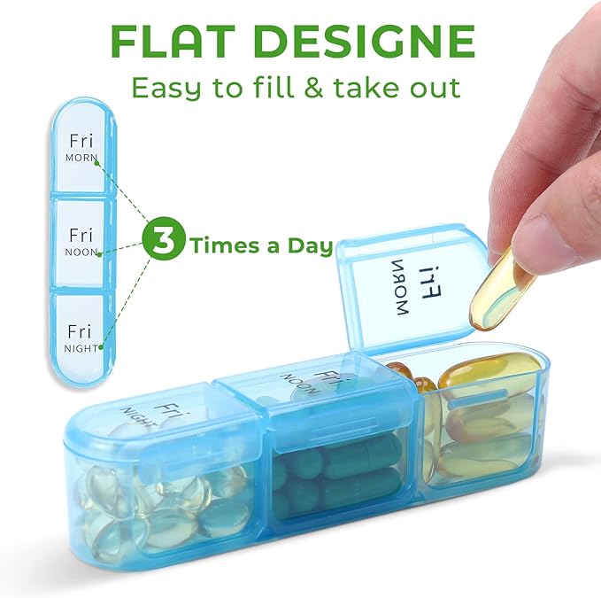 Daviky Daily Pill Box Organizer - 7 Day Pill Box with 3 Compartments, Holds Vitamins and Medication