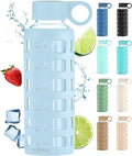 purifyou 40oz / 32oz / 22oz / 12oz Borosilicate Glass Water Bottle with Time & Volume Markers, Silicone Sleeve, Stainless Steel Lid | Reusable Glass Bottle for Water & Juice (12oz Ice Blue)