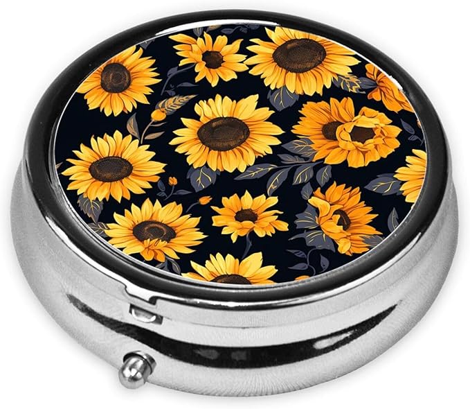 Sunflower Style6 Print Round Metal Pill Box with 3 Compartment for Pocket or Purse Travel Bag Mini Small Size 2 inche