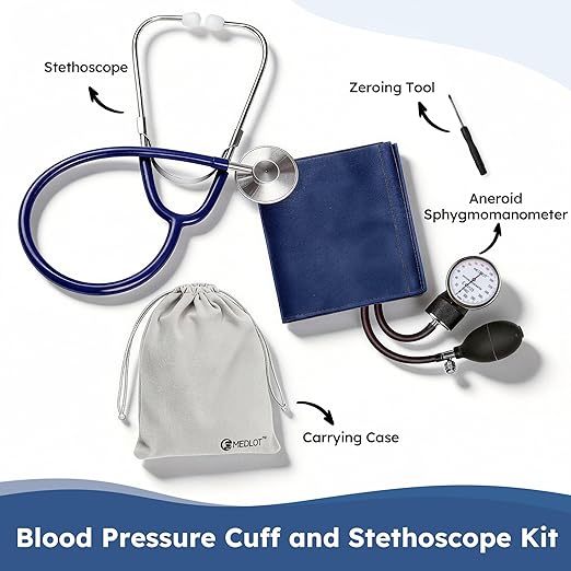 LotFancy Blood Pressure Cuff and Stethoscope Kit with D-Ring, Professional BP Cuff Standard Adult 10”-16” for Nursing School, Home, Easy to Use BP Machine with Carrying Case Zero Calibrator, Navy