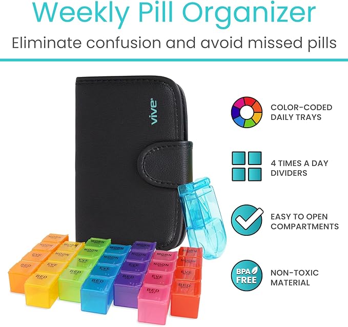 Vive Weekly Pill Organizer 4 Times a Day - 7 Days Pill Boxes for Morning, Noon, Evening, Night - Extra Large Medicine, Vitamin & Supplement Dispenser with Premium Leather Case and Splitter Cutter