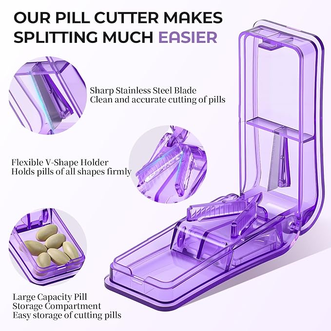 Daviky 2-Pack Pill Cutter for Small or Large Pills – Professional Pill Splitter with Sharp Stainless Steel Blade, V-Shape Holder & Doubles as a Pill Organizer – Not Suitable for Tiny Pills - Purple