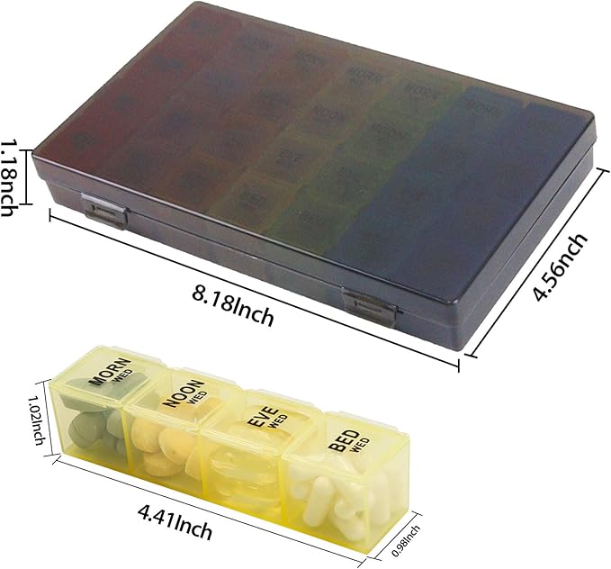 Weekly Pill Organizer 4 Times a Day, 7-Day Pill Boxes, Monthly Medication Organizer 28 Days Portable Compartments & Moisture-Proof Black Outer Case for Vitamins, Fish Oils, Supplements(Color)