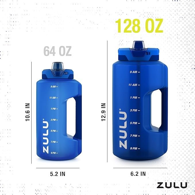 ZULU Goals 128oz Half Gallon Plastic Water Bottle with Straw and Time Marker | Large Reusable Jug with Handle and Leak Proof Lid for All Day Hydration, Gym and Outdoors, Gift Ready, Royal Blue