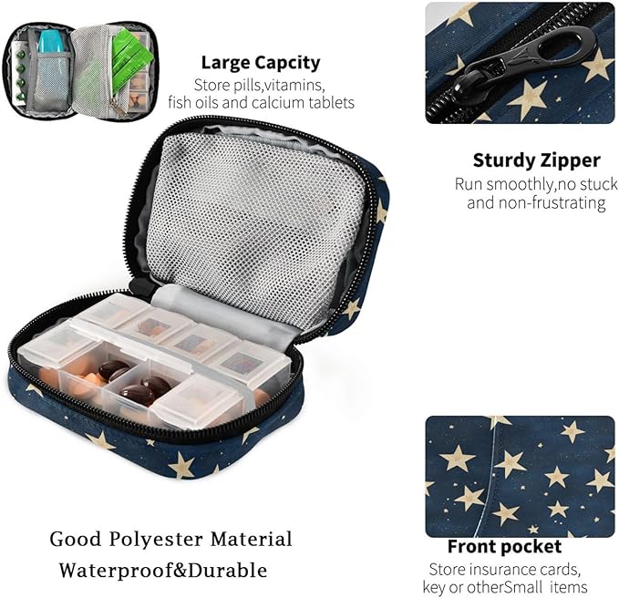 Fustylead Hand Draw Stars in Night Sky Pill Organizer and Storage Weekly with Zipper, Removable Pill Box Portable Medicine Organizer for Vitamin Fish Oil Supplement