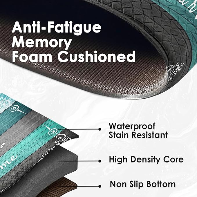 Arttown Teal Farmhouse Anti-Fatigue Kitchen Rug Set of 2 Grey Black Green Wood Vintage Cushioned Floor Standing Mat Waterproof Non-Slip Kitchen Mat and PVC Ergonomic Comfort Foam Rug