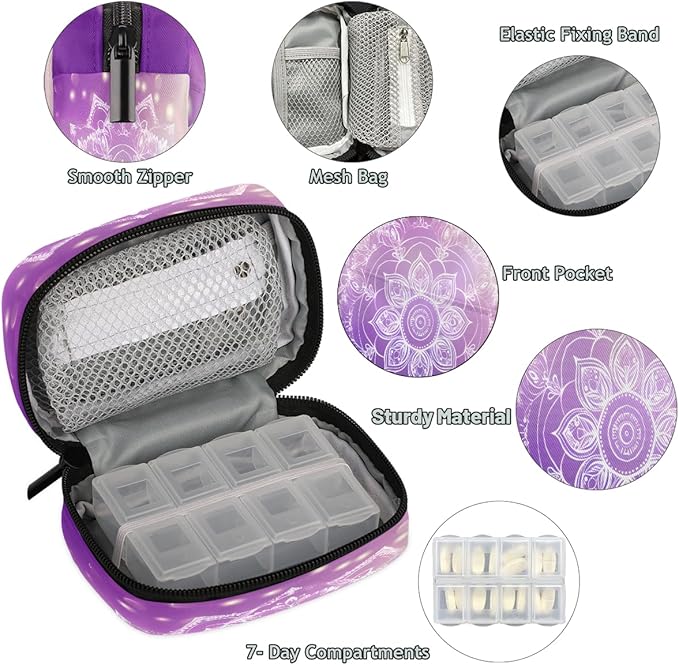 Purple Mandala Flower Abstract Travel Pill Organizer Box Weekly Portable Pill Case Daily Pills 7 Day Small Birth Control Pills Container Removable Compartments for Medicine Vitamins Fish Oil