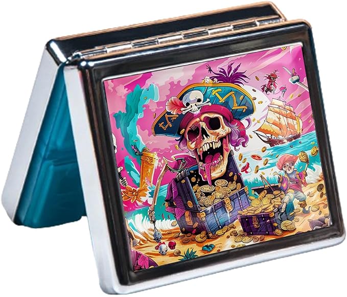 7 Days Chromed Shiny Silver Pill Organizer with Mirror Inside Has 8 Separate Compartments Rectangle 7 Days Pill Box Pill Case (Pink Skeleton)