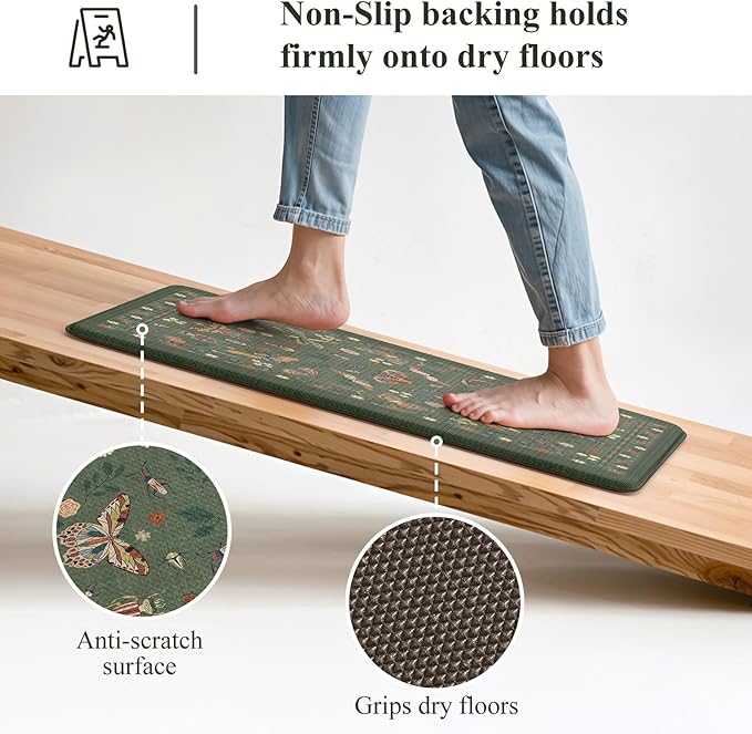 LEEVAN Anti Fatigue Mats for Kitchen Floor Non-Slip, Cushioned Kitchen Mats for Floor 17.3''x29''+17.3''x59'', Green Memory Foam Kitchen Mat Set