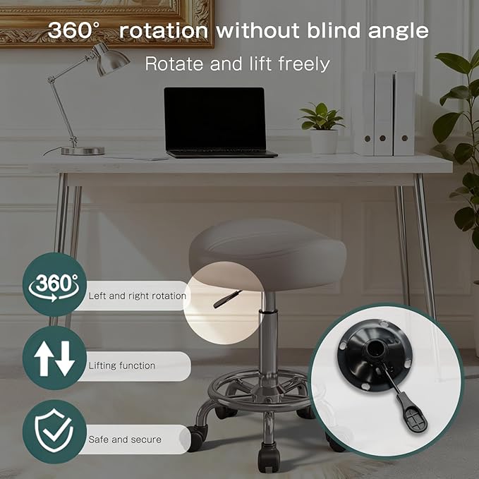 Saddle Stool, Adjustable Height Ergonomic Swivel Chair with Wheels, PU Leather Saddle Seat with Ring Pedal for Salon, Massage, Clinic, Lab, and Office