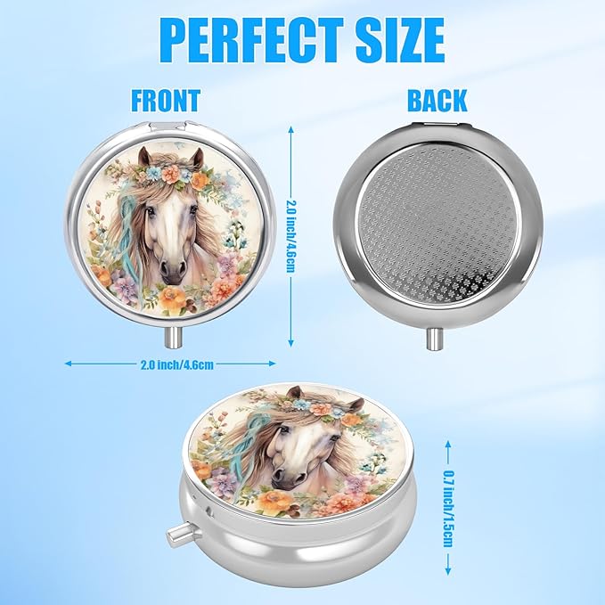 Watercolor Horse Flower Pill Case, Pill Box 3 Compartments Metal Small Pill Holder with Mirror Mini Travel Pill Container for Purse Pocket Women Men