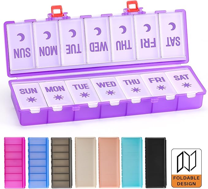 Foldable Pill Organizer 2 Times a Day w/Etched Labels -Dual Protection & Portable Weekly AM PM Pill Box, 7 Day Medicine Container, Large Travel Pill Case for Daily Supplement Vitamin -Clear Purple