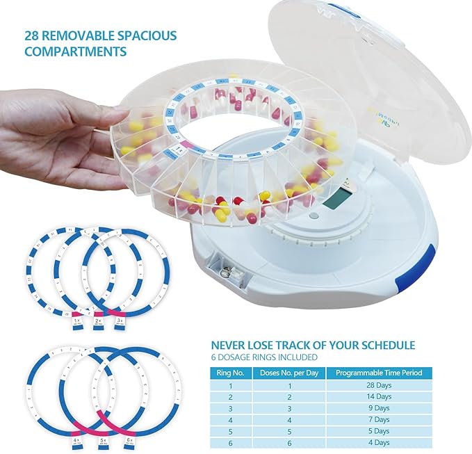 EziMedPil Automatic Pill Dispenser for Elderly & Alzheimer’s Care w/Audio & Visual Alerts, up to 6 Alarms/Day, Easy-Read LCD Display, 6 Dosage Templates, Lock Key for Vitamins, Clear Lid