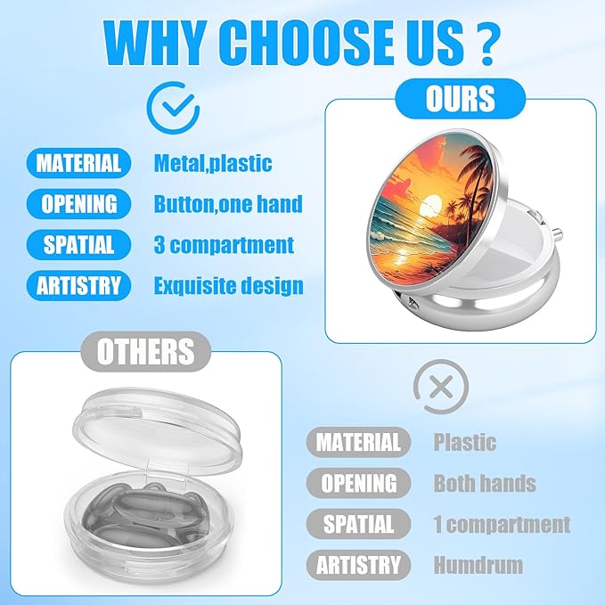 Pill Box, 3 Compartments Small Beach Sunset Pill Case Travel Portable Metal Medicine Box with Mirror Mini Container for Purse Pocket Women Men(Palm Tree)