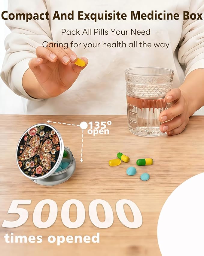 LRITER Pill Case, Portable Travel Pill Box, Pillbox Organizer, Cute Small Medicine Storage Container, Purse Accessories for Women, Men (Butterfly)