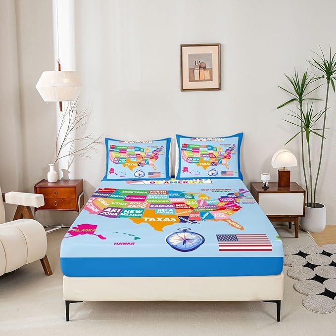 Geography USA Map Bed Sheet Set Queen Size, Educational Map Fitted Sheet for Kids World Geography Bedding Set Learning Educational Bed Cover Bed Set 3Pcs (No Flat Sheet)