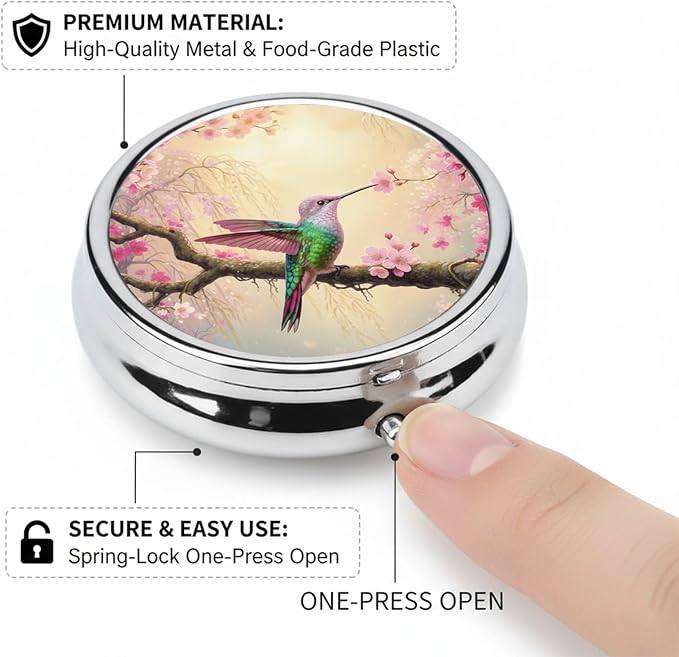 Round Pill Case Small Pill Box with Mirror Pocket 3 Compartment Vitamin Pill Medicine Case Organizer Pill Containers for Traveling Hummingbird Cherry Blossom