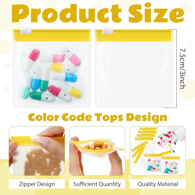 Handepo 24 Pieces Pill Pouch Bags Zippered Set Reusable Translucent Medicine Organizer Sealing Travel Plastic Bags with Slide Lock for Storage(Bright Yellow)