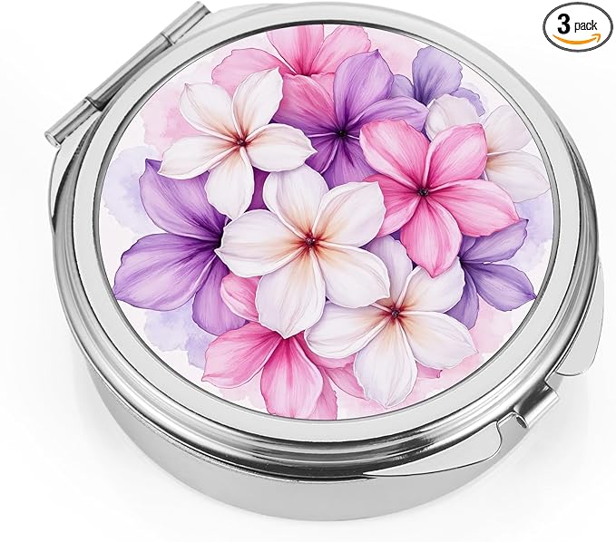 Dynippy Pill Case Pill Box with Mirror Pocket 3 Compartment Medicine Case Vitamin Pill Organizer for Pocket Purse and Travel (Round, Silver-BloomBurst)