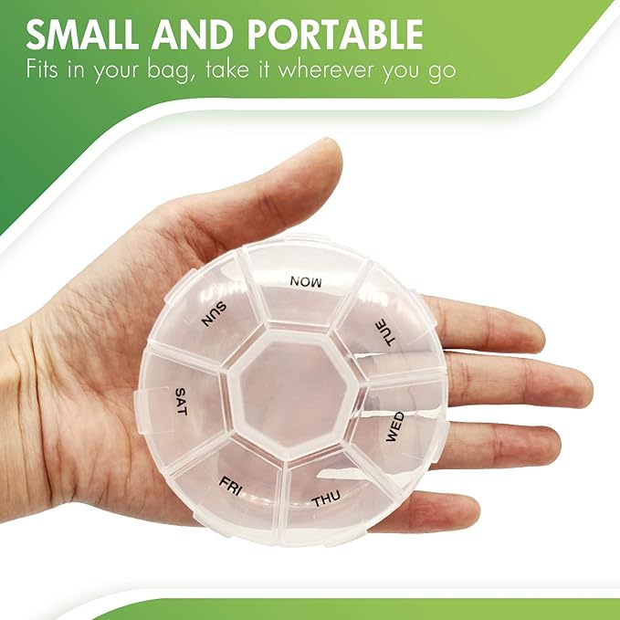 Weekly Pill Organizer Small 7 Days Pills Case, BPA-Free Pills Box Container Cases, Morning and Night Pill Boxes Hold Vitamin, Medicine(Round)