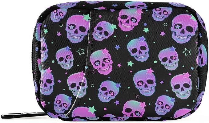 MNSRUU Pill Organizer Bag Weekly Pill Organizer Case Goth Stars Purple Skulls Portable Small Daily Pill Boxes for Vitamin Fish Oils Supplement Holder with Zipper Compact Size