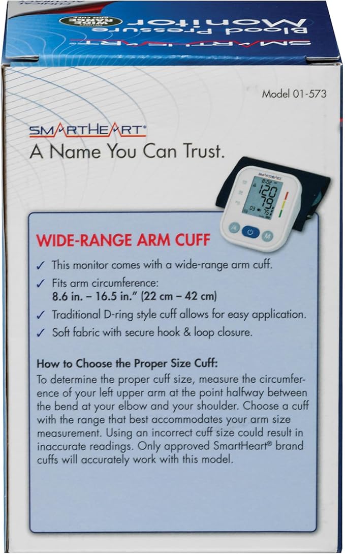 SmartHeart Blood Pressure Monitor | Wide Range Arm Cuff | 2-Person Memory | 198 Total Reading Storage | Excessive Movement Indicator | Easy to Use Automatic Inflation and Deflation