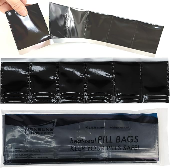 Mansung M 600 - Mylar Heat Seal Pill Bags 2.7x3.5 inch/Black - Mylar Aluminum Foil Pillsuite Organizer Packets with Notch Easy Tear Smell Proof Packaging Food Storage Heat Sealable Open Top Pouch