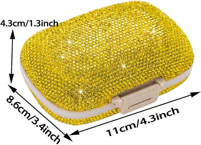 Daily 6 Compartments Pill Box Container Bling Diamond for Purse Medicine Container Holder for Women Travel Kit Medicine (Yellow)