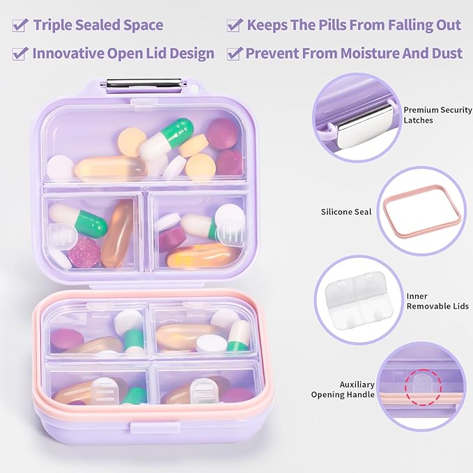Daviky Travel Pill Organizer,Small 7-Compartment Pill Box for Vitamins & Medications, Compact Medicine Case for Pocket or Purse(Purple)