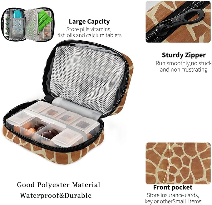Fustylead Giraffe Skin Pill Organizer and Storage Weekly with Zipper, Removable Pill Box Portable Medicine Organizer for Vitamin Fish Oil Supplement