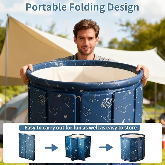 Portable Foldable Hot Cold Bath Tub, Large Portable Hot Cold Bath Tub for Home Outdoors Gyms, Collapsible Soaking Bath Tub for Shower (77Gal) (Blue Planet Insulation Set)
