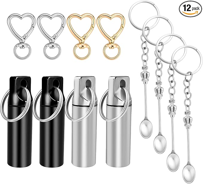 12pc Compact Keychain Pill Box, Mini Aluminum Alloy Medicine Keychain Organizer & Pill Container, Waterproof Small Pill Case for Travel, Camping, Outdoor (Black & White)
