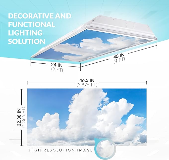 OCTO LIGHTS Fluorescent Light Covers Cloud Sky Panel for Ceiling Lights, Light Covers for Ceiling Lights Classroom 2x4 (22.38"x46.5") Backlit Film Insert for Fluorescent Light Fixtures (Pack of 1)