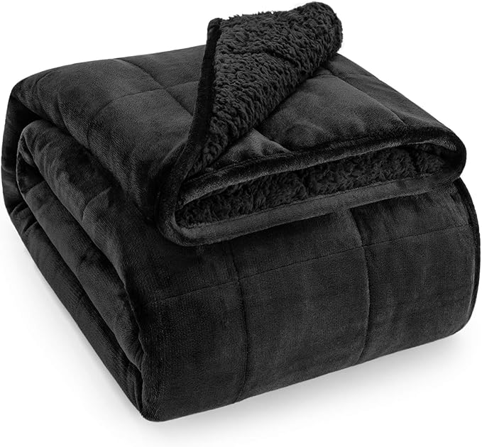 Wemore Sherpa Fleece Weighted Blanket for Adult 15 lbs Dual Sided Cozy Fluffy Heavy Blanket,Ultra Fuzzy Throw Blanket with Soft Plush Flannel Top,48 x 72 inches,Black on Both Sides