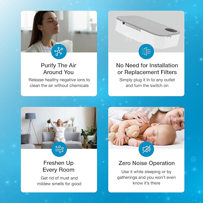 Ion Pure Plug In Air Purifier for Home | Negative Ion Technology for Allergen and Odor Reduction No Filter Compact, Quiet Operation Air Ionizers for Home Kitchen, Bedroom, Bathroom Air Purifiers