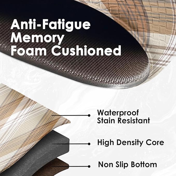 Arttown Beige Anti-Fatigue Kitchen Rug Set of 2 Plaid Cushioned Floor Standing Mat Waterproof Non-Slip Mat and PVC Ergonomic Comfort Foam Rug
