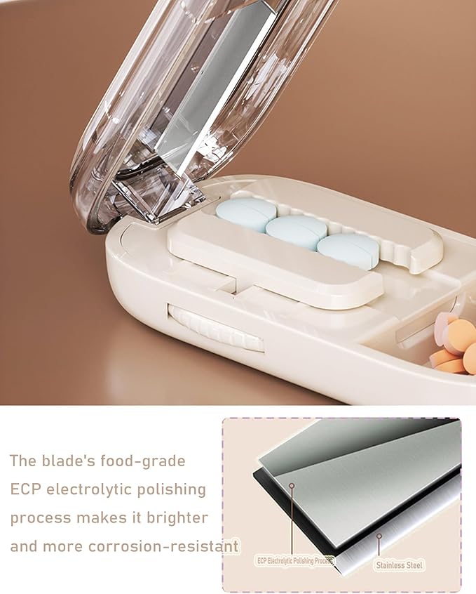 Adjustable Pill Cutter Splitter, Adjustable Pill Cutter for Multiple Pills,1/4 1/2 Tablet Splitter for Small or Large Pills Professional with Improved Sharp Blade, Brush & Tweezers (Beige)