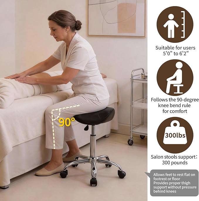 Saddle Stool, Swivel Saddle Stools with Wheels, Adjustable Rolling Stool 18"-26", Faux Leather Rolling Saddle Stool for Salon, Massage, Clinic, Lab, Office (Black, 1PCS (18"-26"))