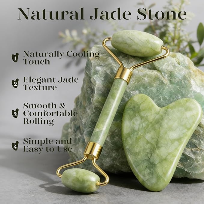 BAIMEI IcyMe Gua Sha & Jade Roller Facial Tools Face Roller and Gua Sha Set for Puffiness and Redness Reducing Skin Care Routine, Self Care for Men Women - Green