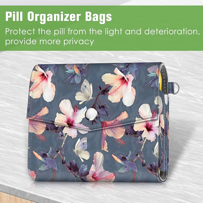 FINPAC Weekly Pill Organizers 4 Times A Day, Slide Open PU Leather Case Travel Pill Vitamin Medicine Reminder and Planner with Name Card for Morning| Afternoon| Evening| Bedtime (Blooming Hibiscus)