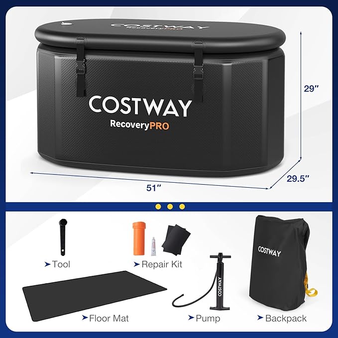 COSTWAY XL 129 Gal Oval Ice Bath Tub with Cover, Portable Outdoor Inflatable Cold Plunge Tub with Backpack, Pump, for Cold and Therapy, Compatible with Water Chillers, Black