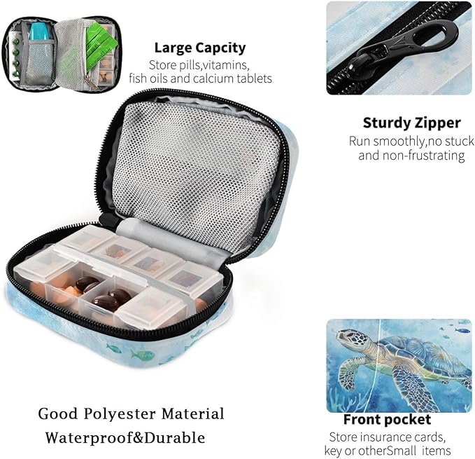 Fustylead Vivid Sea Turtle Swimming in Ocean Pill Organizers 2 Times A Day Pill Case Bag with Zipper Portable Weekly Pill Dispensers for Vitamin Supplement