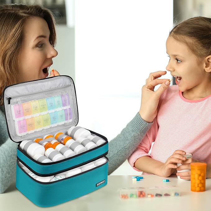 Medicine Storage Bag,Double Layers Pill Bottle Organizer Bag Empty with Lockable Zipper&Adjustable Divider,Medication Travel Carrying Bag for Pills,Vitamins,Medical Supplies,Teal Color